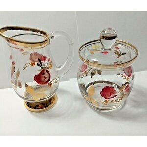 Hand Painted Heavy Gold Gilded Glass Lidded Sugar Bowl & Creamer -1950's Romania